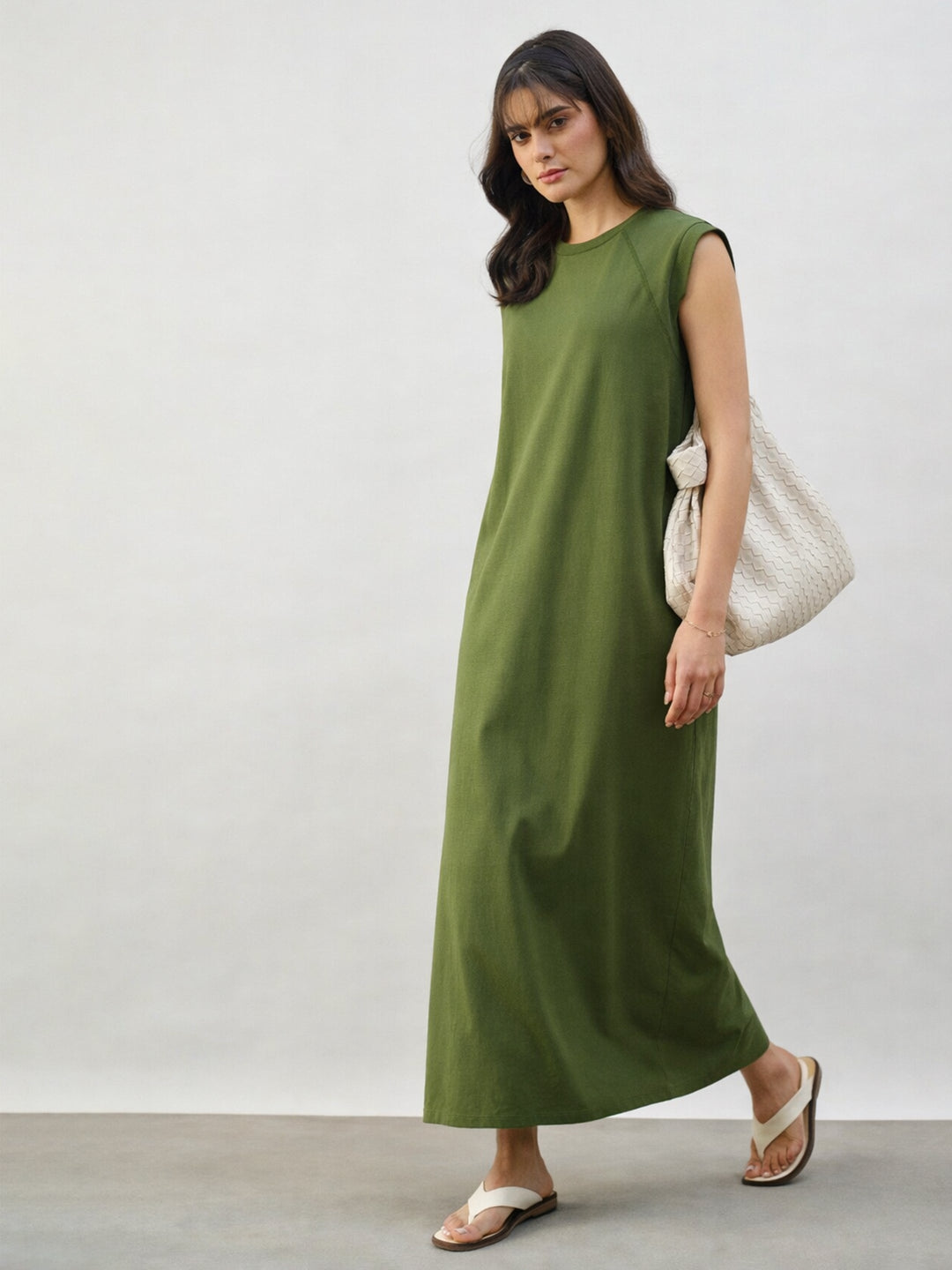 Women Olive Cap Seleeves Oversized T-Shirt Dress