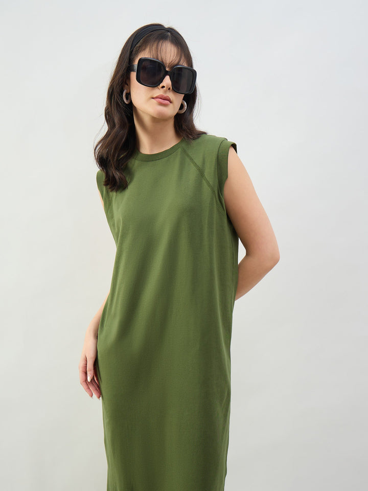 Women Olive Cap Seleeves Oversized T-Shirt Dress