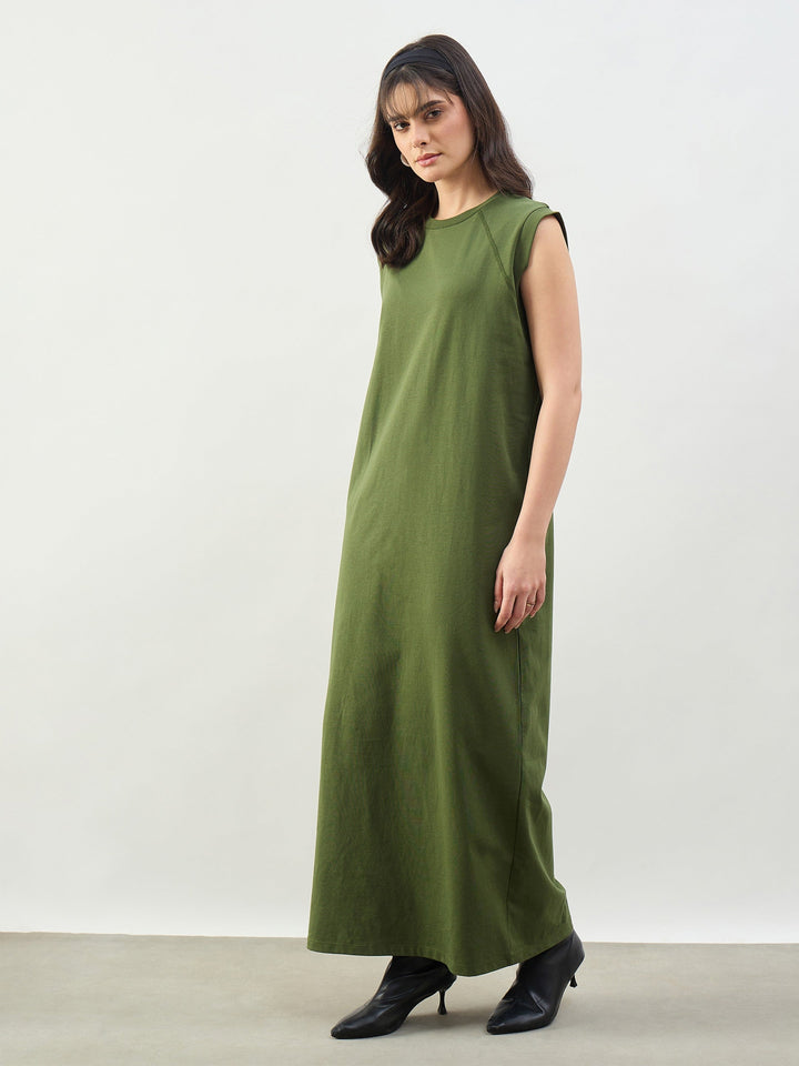 Women Olive Cap Seleeves Oversized T-Shirt Dress
