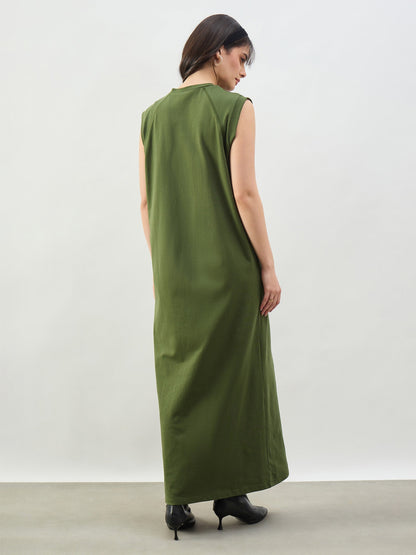 Women Olive Cap Seleeves Oversized T-Shirt Dress