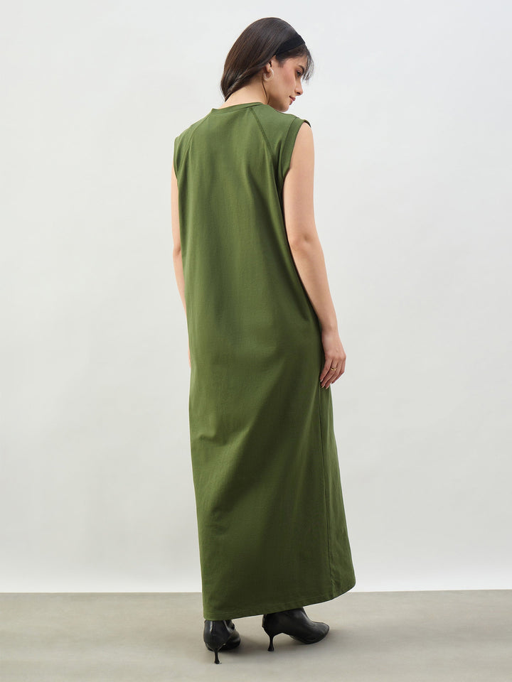 Women Olive Cap Seleeves Oversized T-Shirt Dress