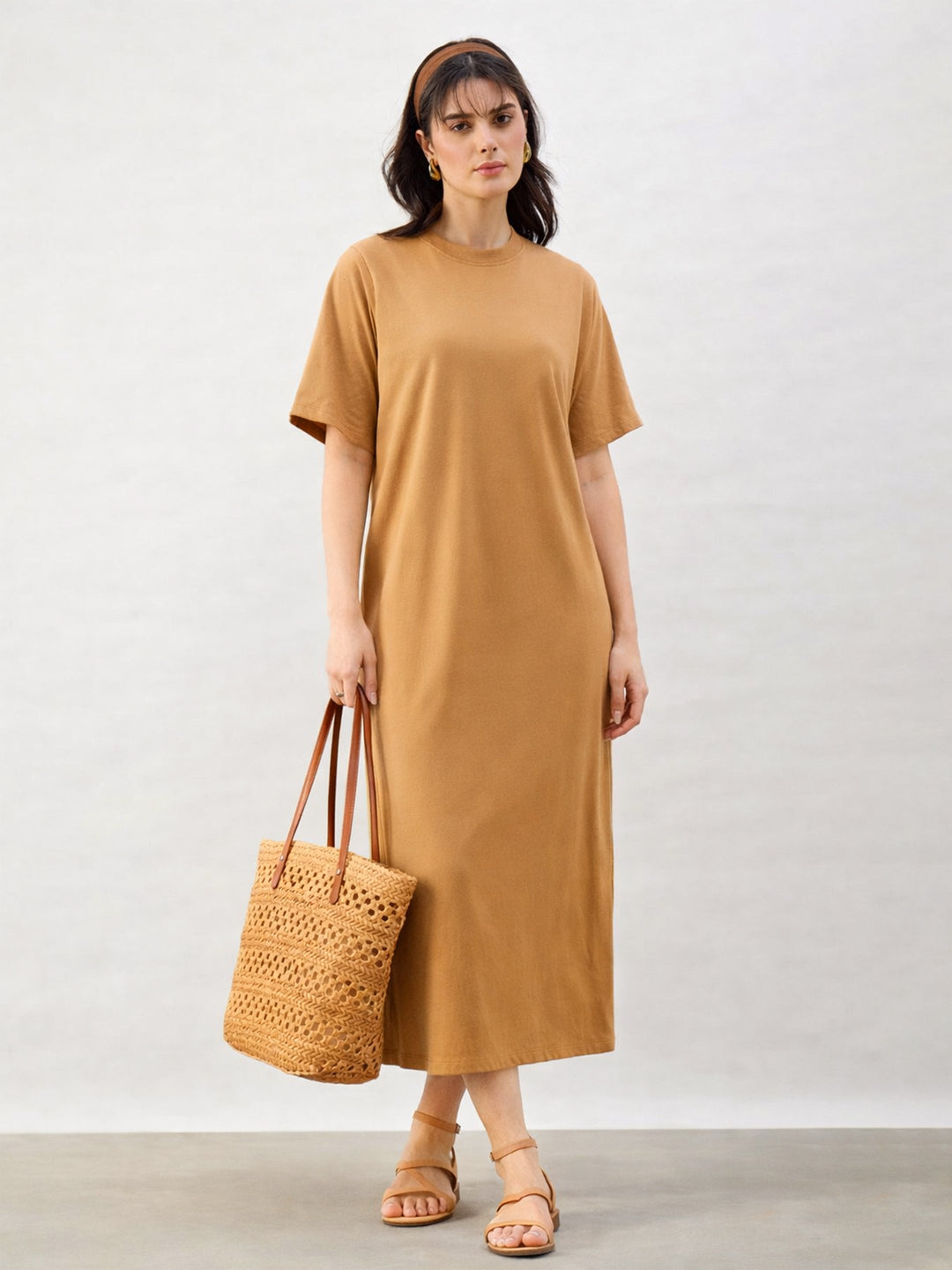 Women Tan Oversized T-Shirt Dress