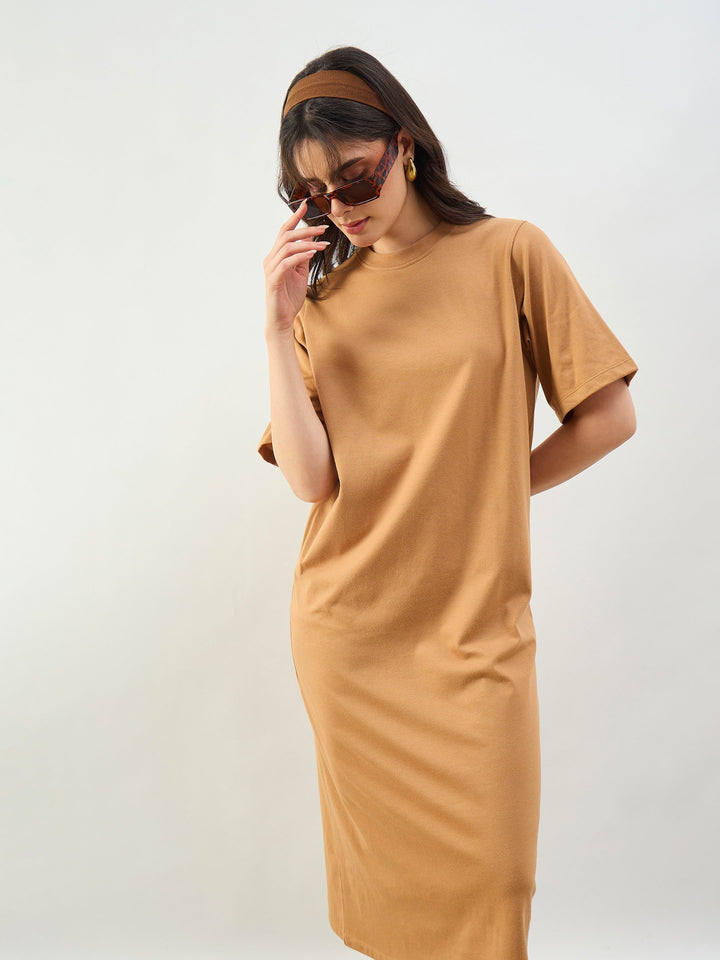 Women Tan Oversized T-Shirt Dress