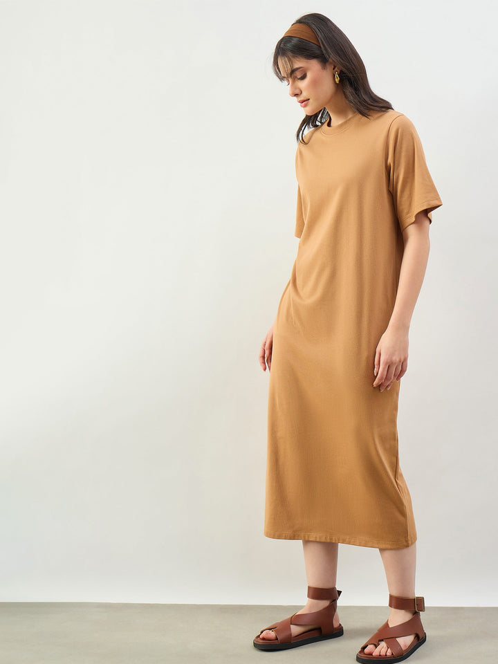 Women Tan Oversized T-Shirt Dress