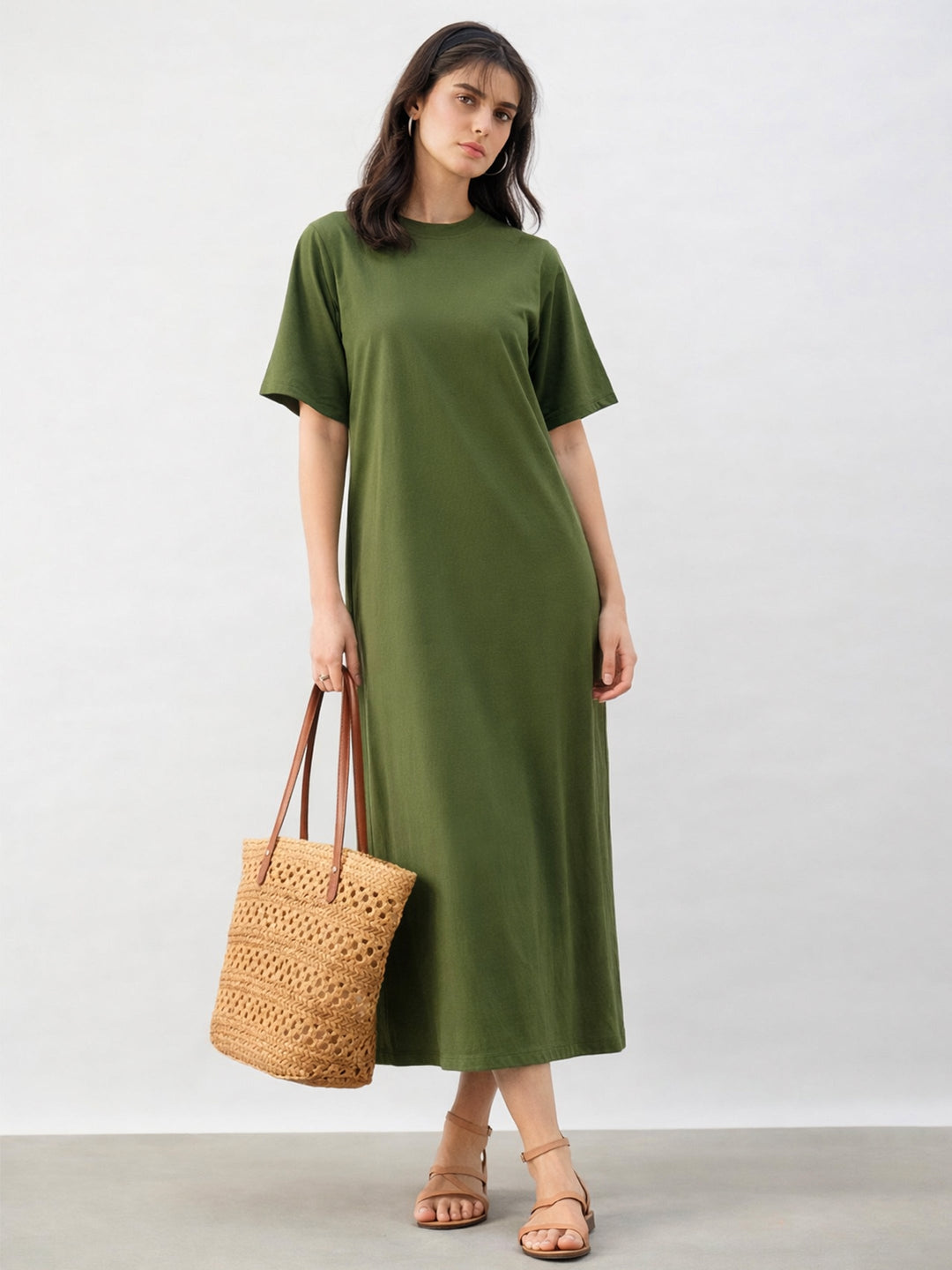 Women Olive Oversized T-Shirt Dress