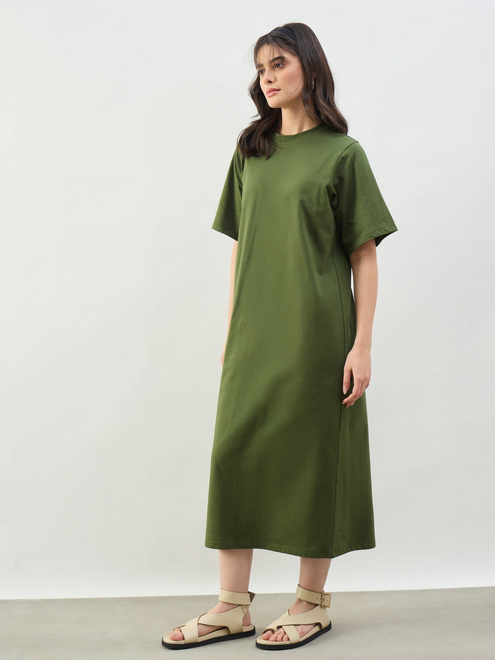 Women Olive Oversized T-Shirt Dress