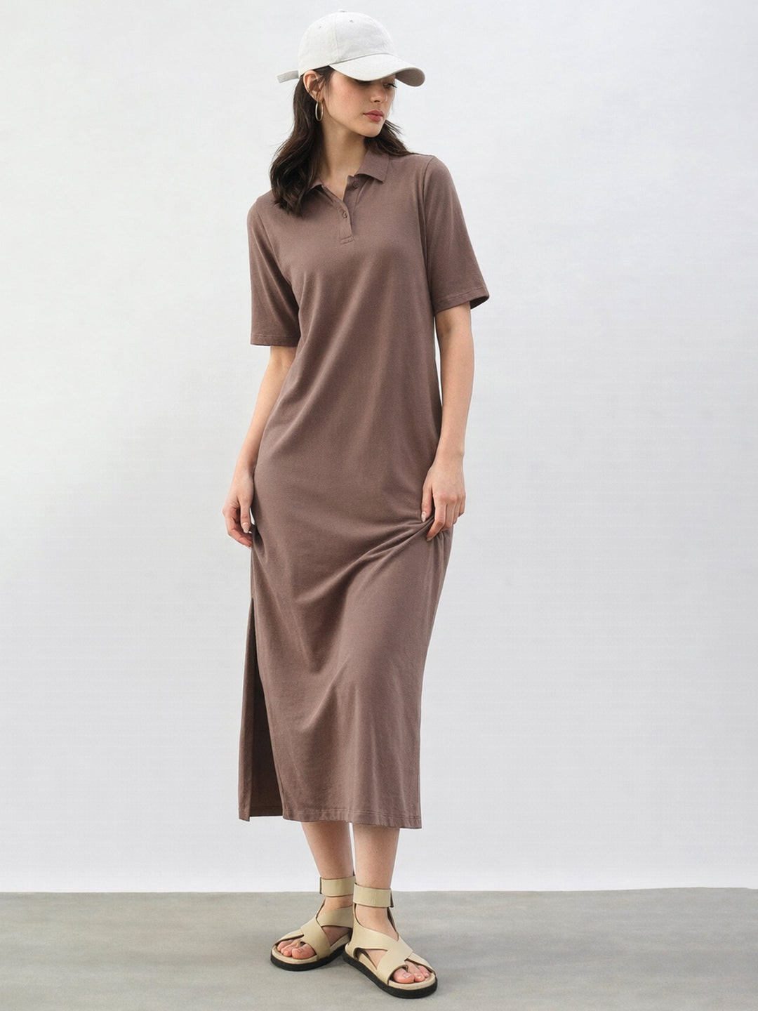 Women Taupe Oversized Polo Neck T-Shirt Dress