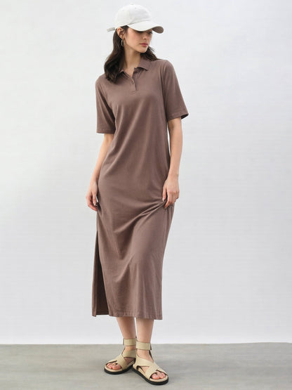 Women Taupe Oversized Polo Neck T-Shirt Dress