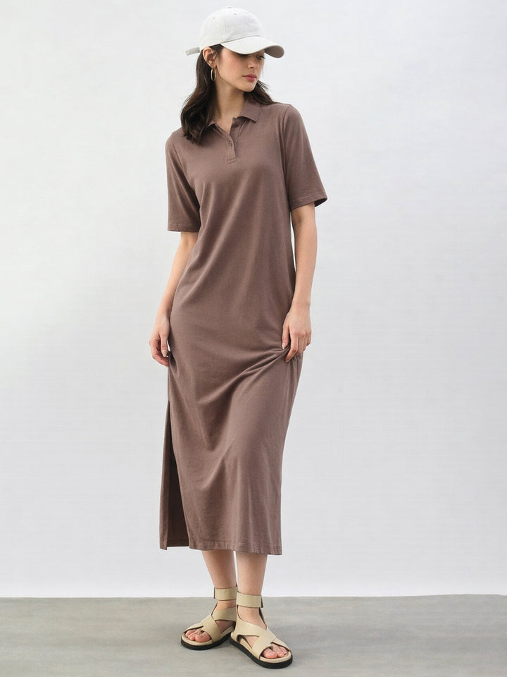 Women Taupe Oversized Polo Neck T-Shirt Dress