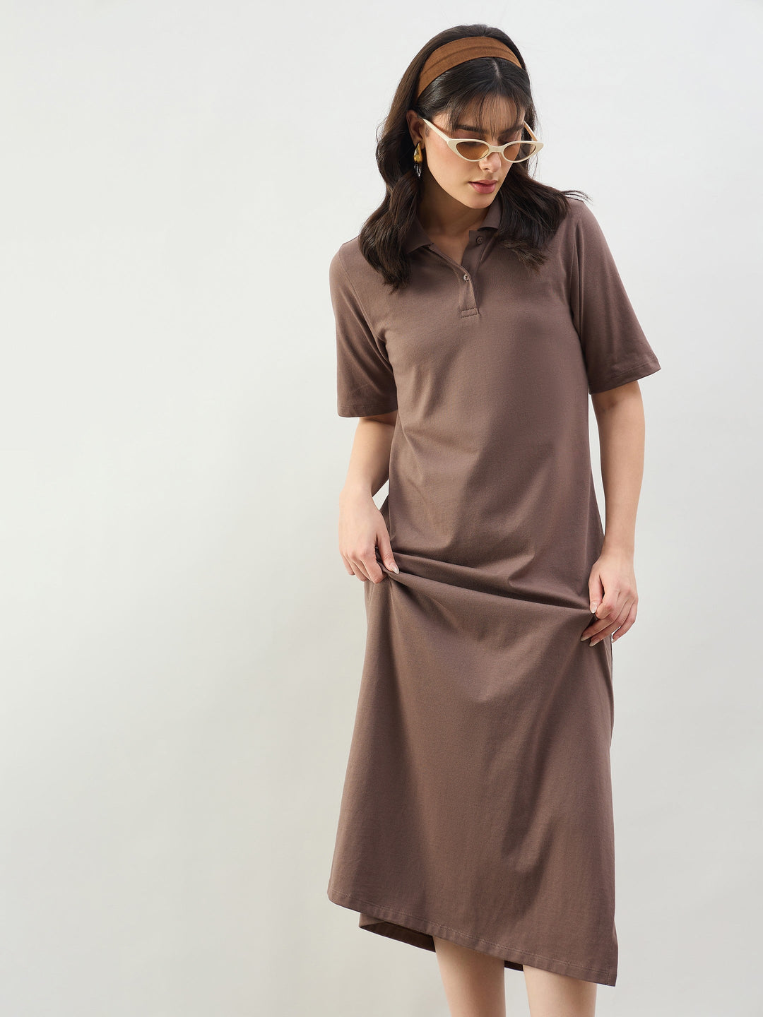 Women Taupe Oversized Polo Neck T-Shirt Dress