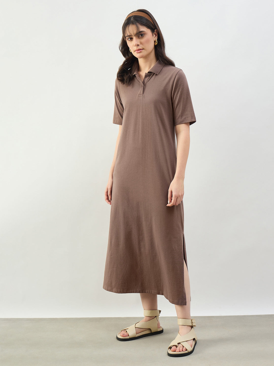 Women Taupe Oversized Polo Neck T-Shirt Dress