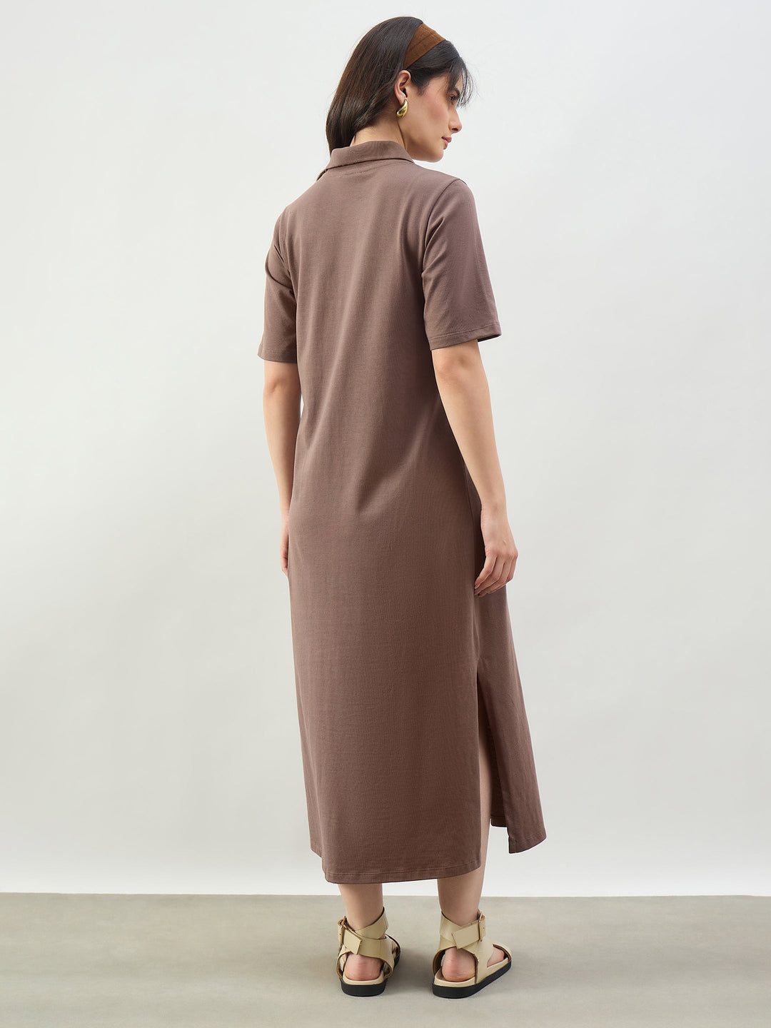 Women Taupe Oversized Polo Neck T-Shirt Dress