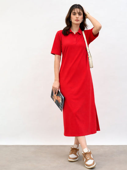 Women Red Oversized Polo Neck T-Shirt Dress