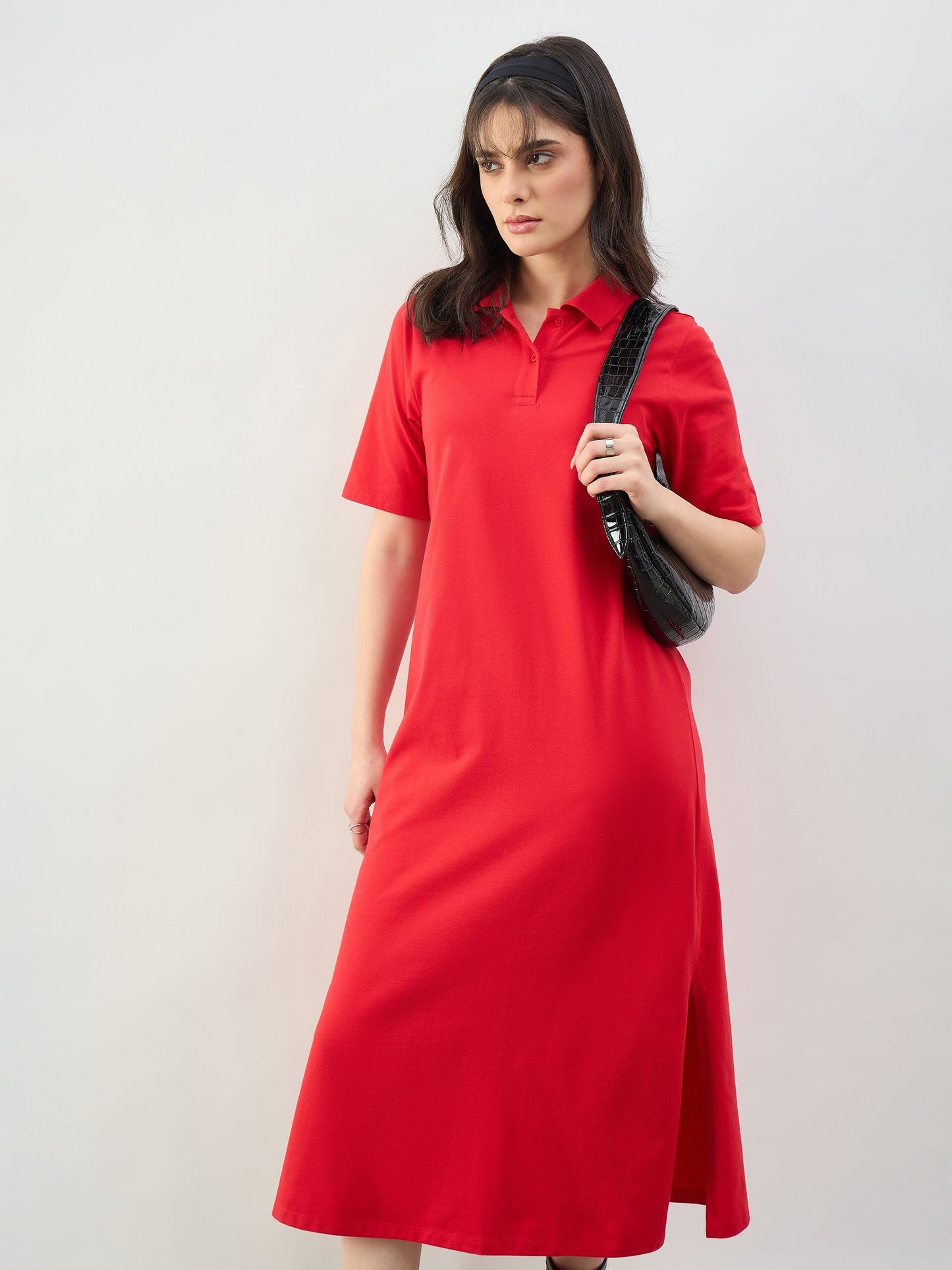 Women Red Oversized Polo Neck T-Shirt Dress