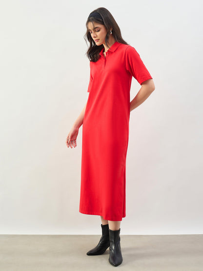 Women Red Oversized Polo Neck T-Shirt Dress