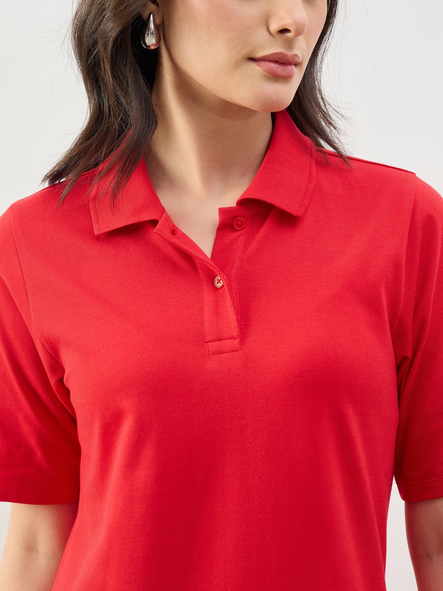 Women Red Oversized Polo Neck T-Shirt Dress
