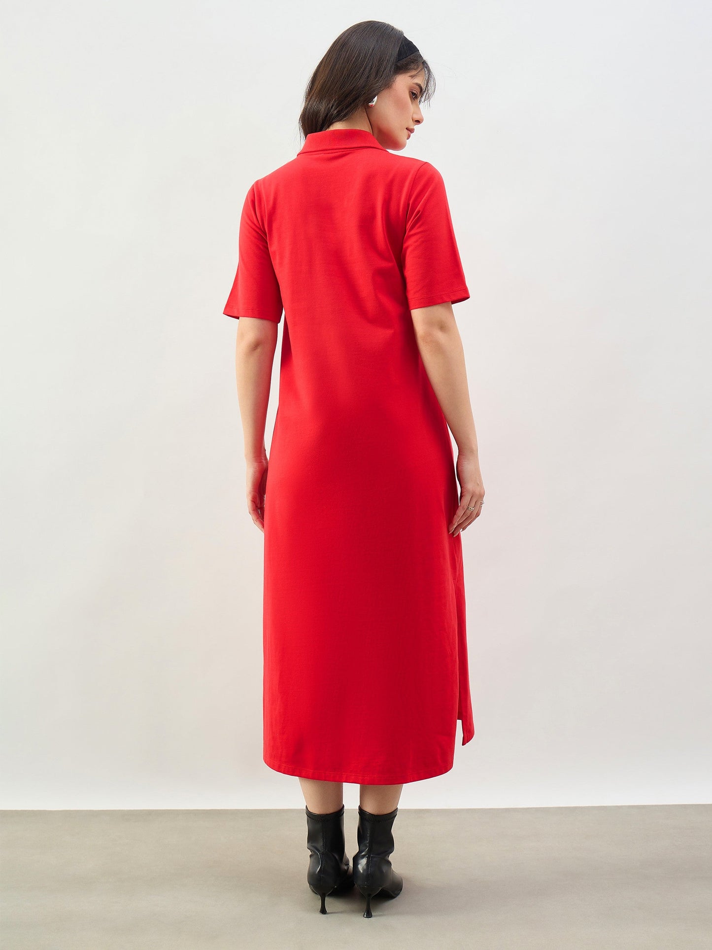 Women Red Oversized Polo Neck T-Shirt Dress
