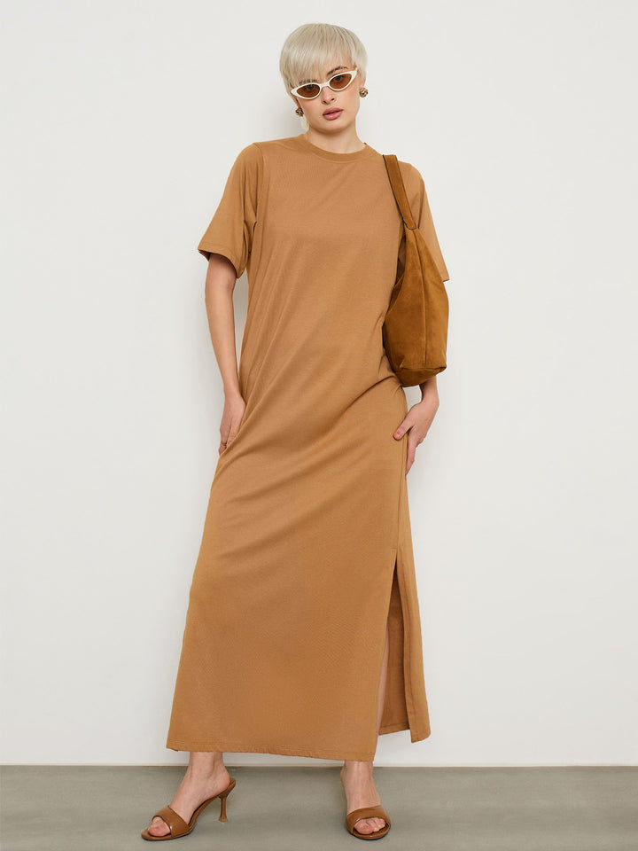 Women Tan Oversized Round Neck T-Shirt Maxi Dress