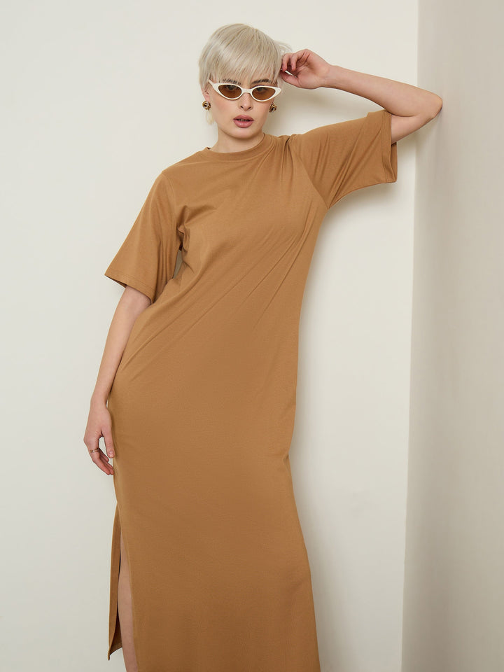 Women Tan Oversized Round Neck T-Shirt Maxi Dress