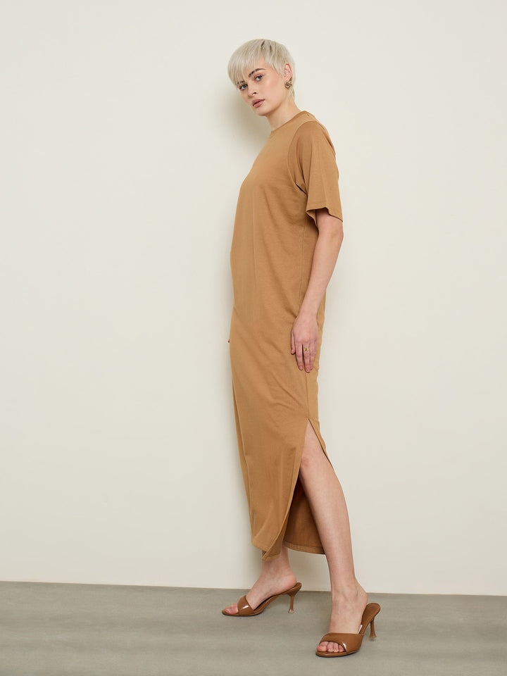 Women Tan Oversized Round Neck T-Shirt Maxi Dress