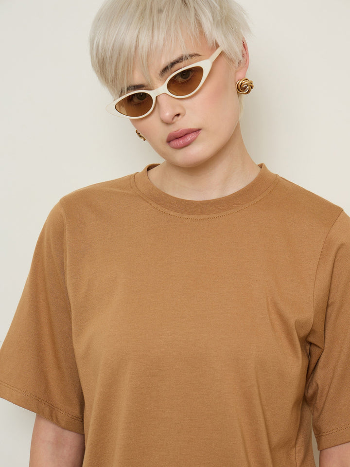 Women Tan Oversized Round Neck T-Shirt Maxi Dress
