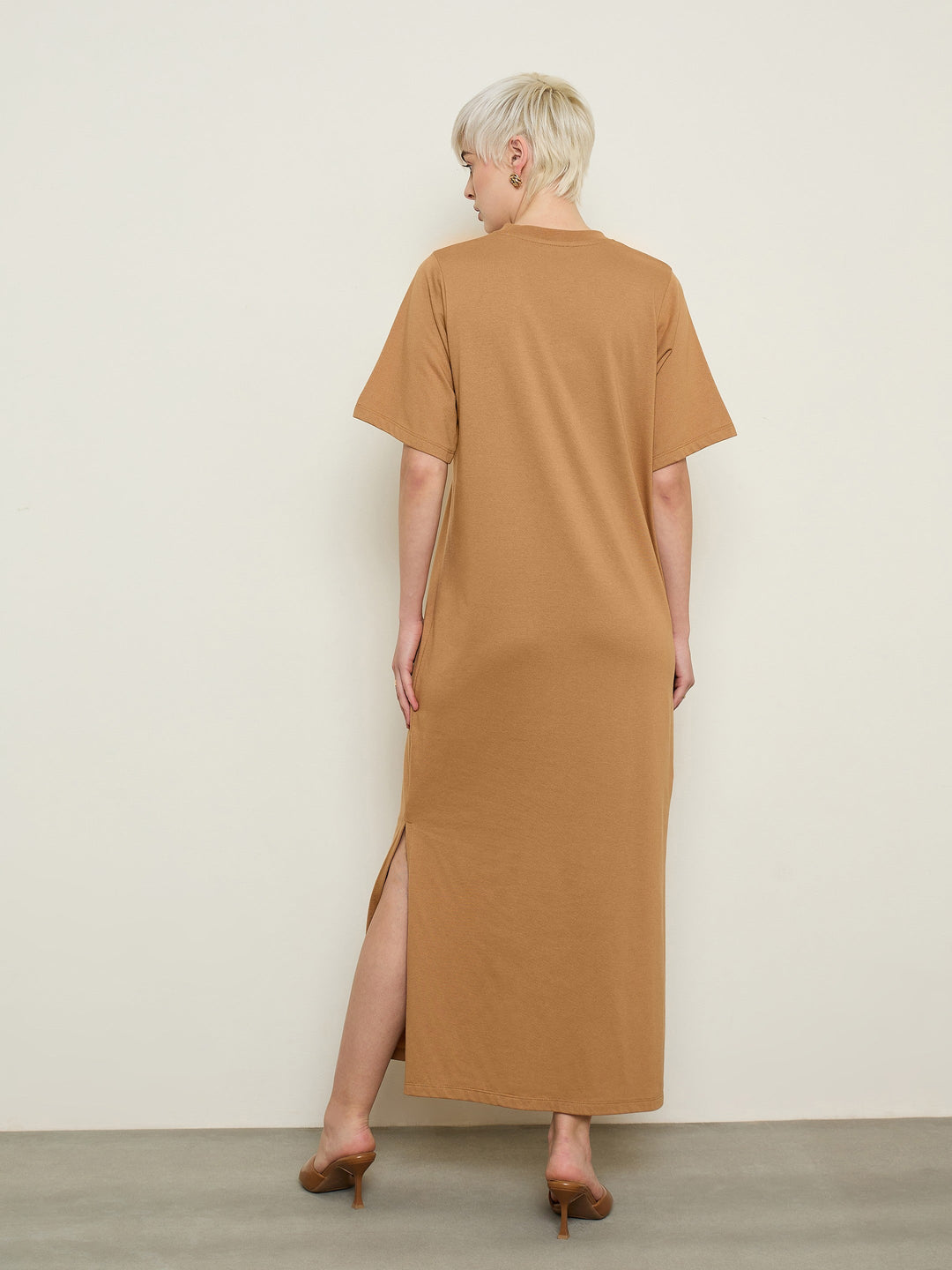 Women Tan Oversized Round Neck T-Shirt Maxi Dress