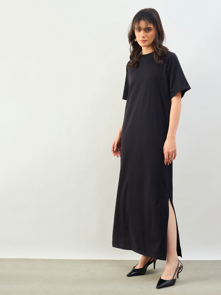 Women Black Oversized Round Neck T-Shirt Maxi Dress