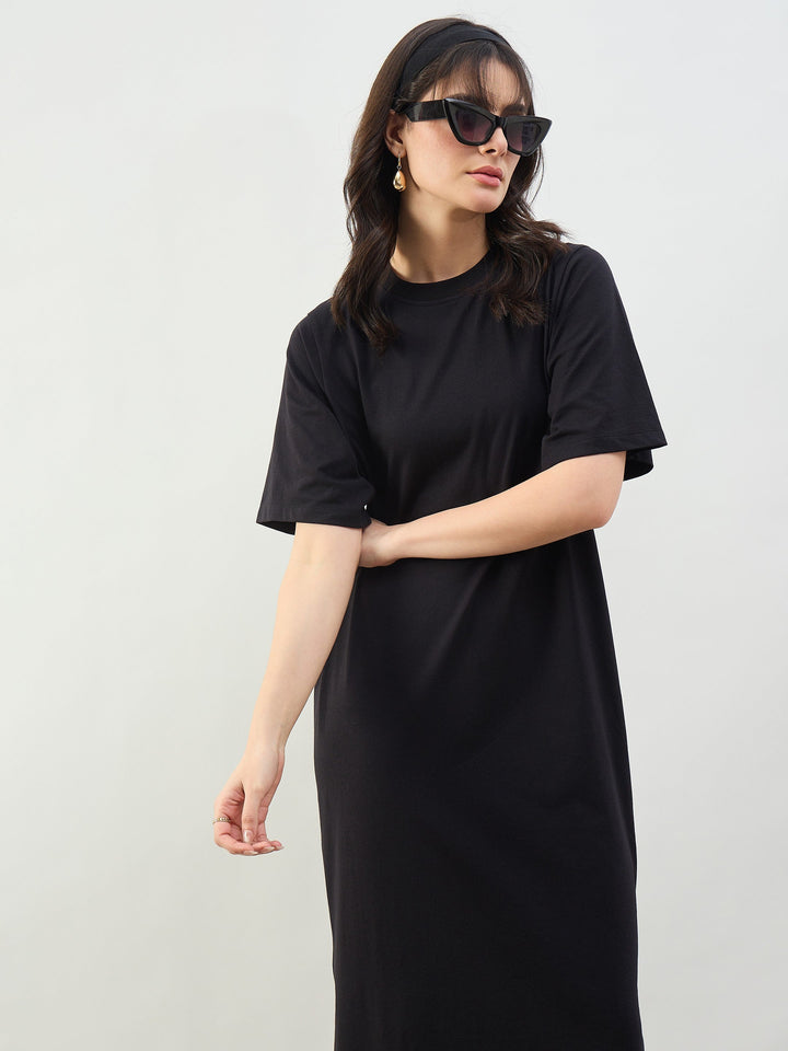 Women Black Oversized Round Neck T-Shirt Maxi Dress