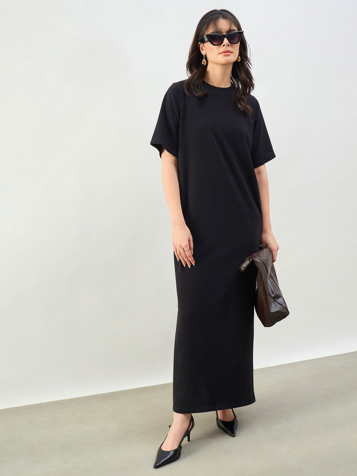 Women Black Oversized Round Neck T-Shirt Maxi Dress