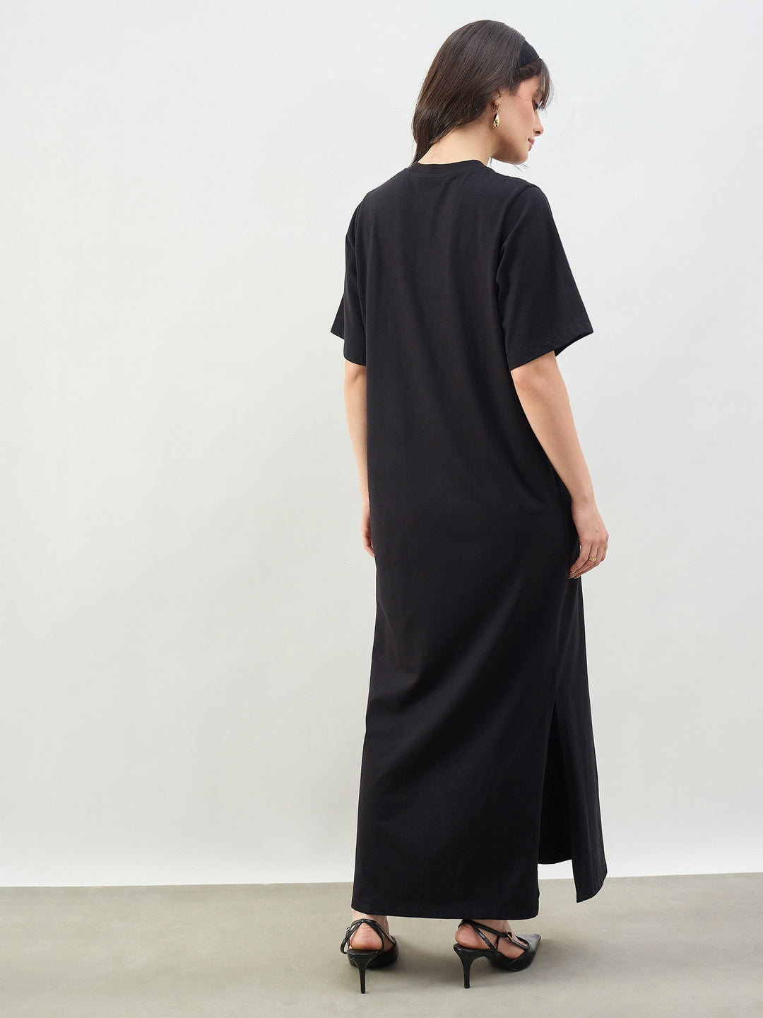Women Black Oversized Round Neck T-Shirt Maxi Dress
