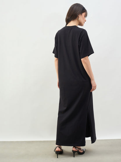 Women Black Oversized Round Neck T-Shirt Maxi Dress