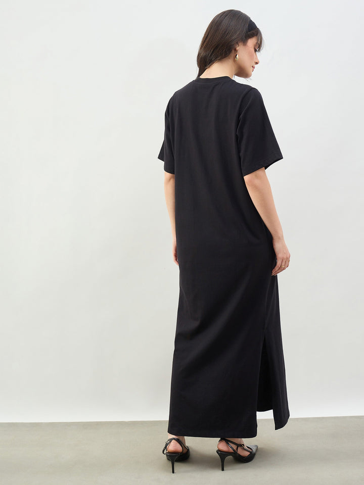 Women Black Oversized Round Neck T-Shirt Maxi Dress
