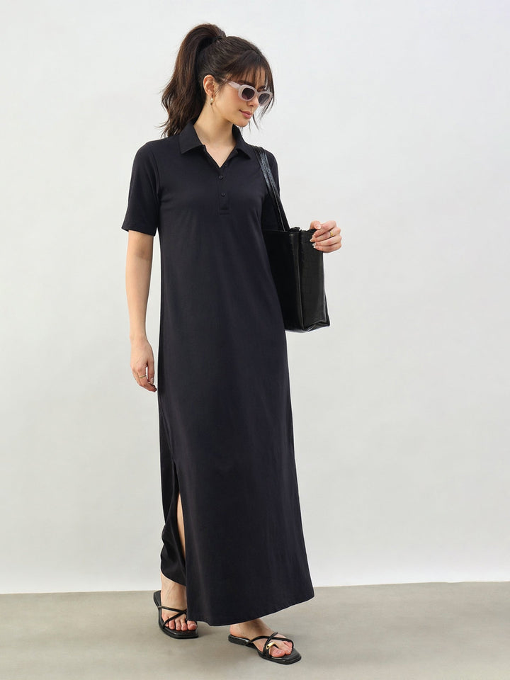 Women Black Oversized Polo Neck T-Shirt Maxi Dress