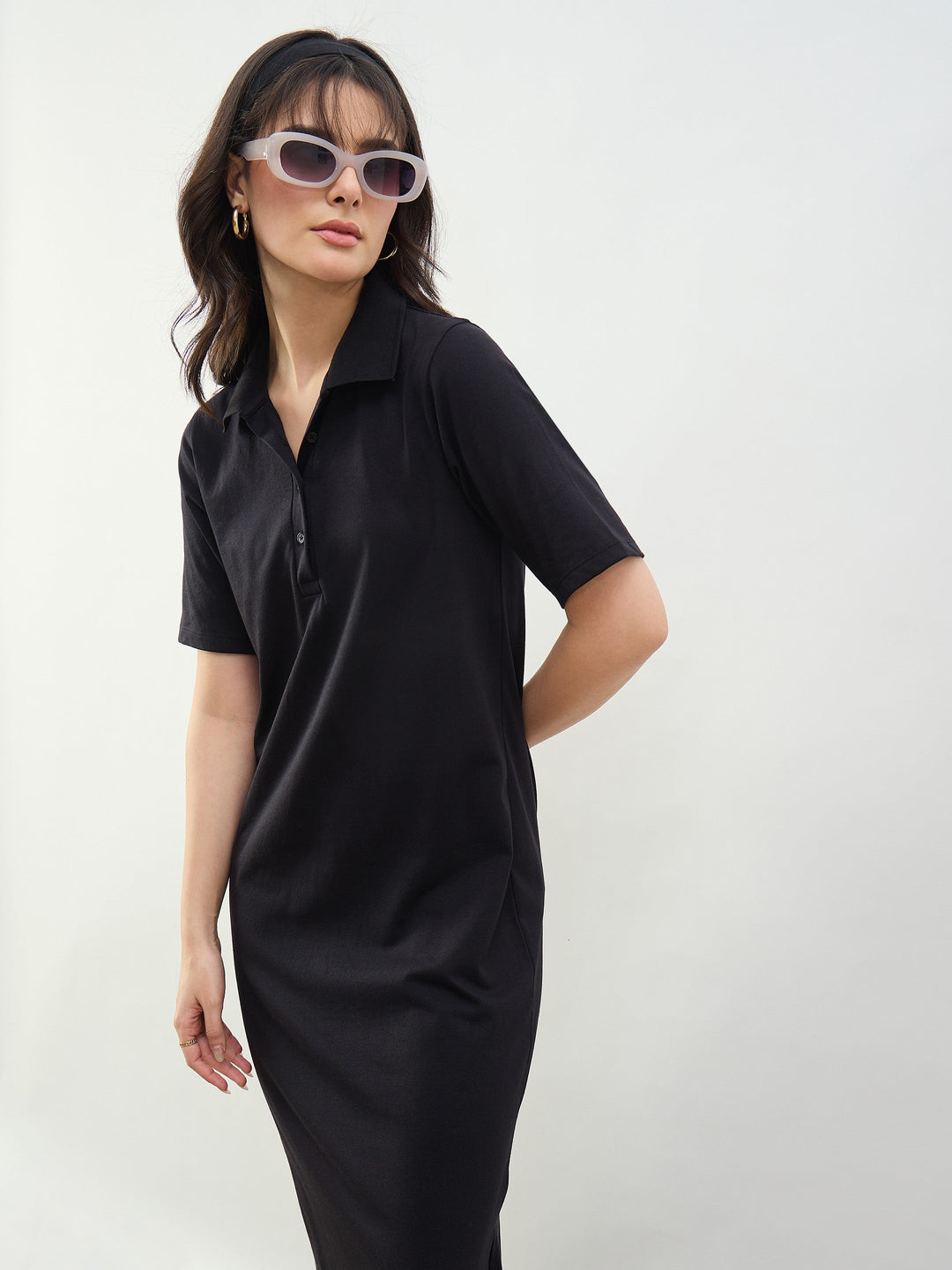 Women Black Oversized Polo Neck T-Shirt Maxi Dress