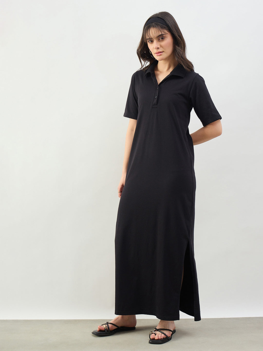 Women Black Oversized Polo Neck T-Shirt Maxi Dress