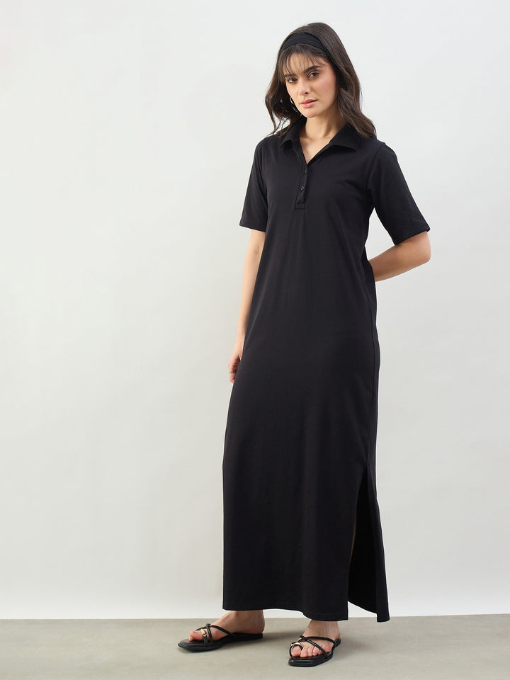 Women Black Oversized Polo Neck T-Shirt Maxi Dress