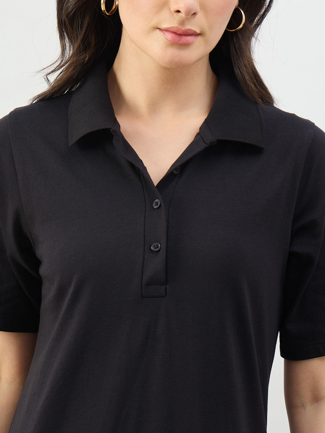 Women Black Oversized Polo Neck T-Shirt Maxi Dress