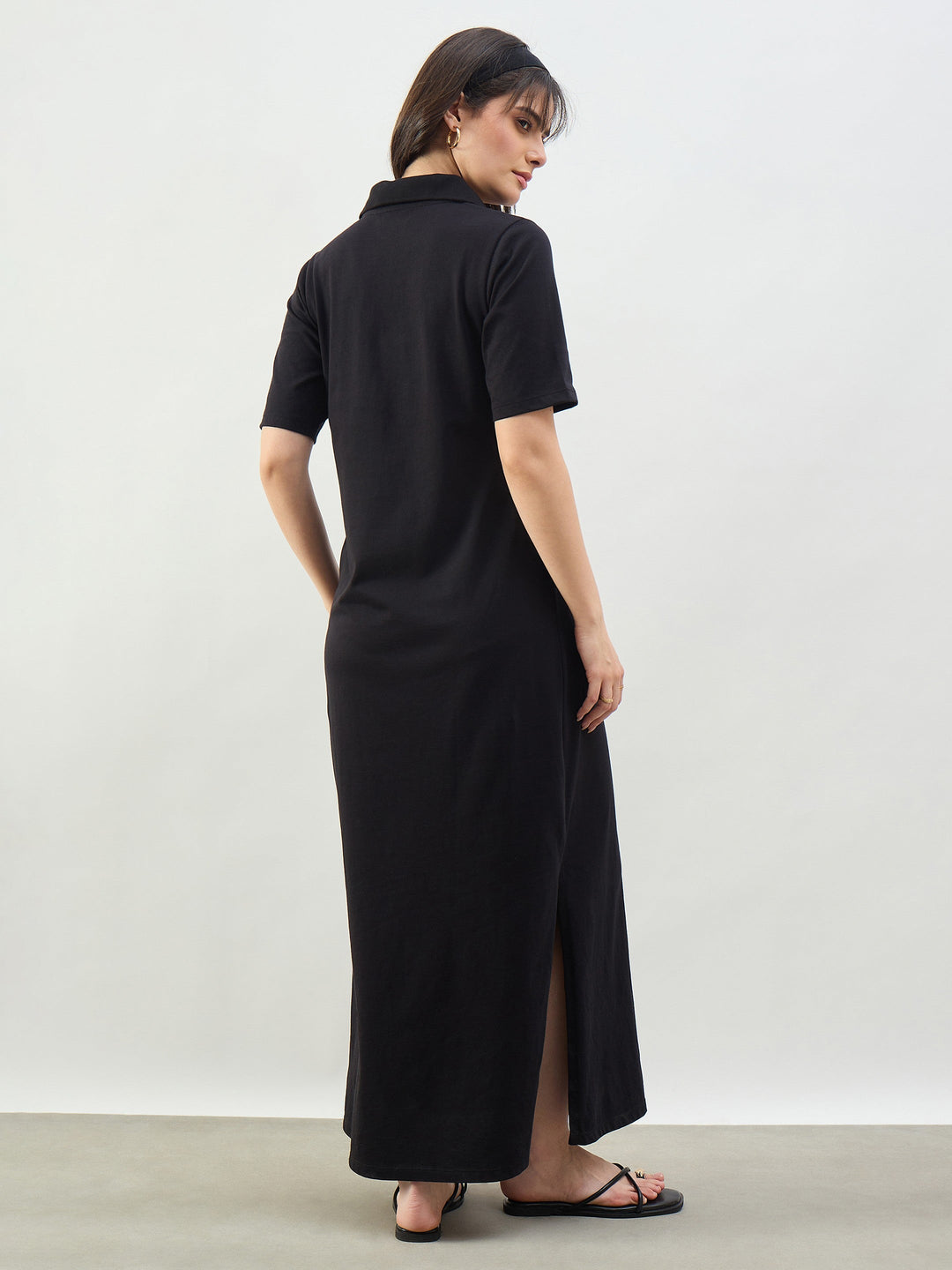 Women Black Oversized Polo Neck T-Shirt Maxi Dress