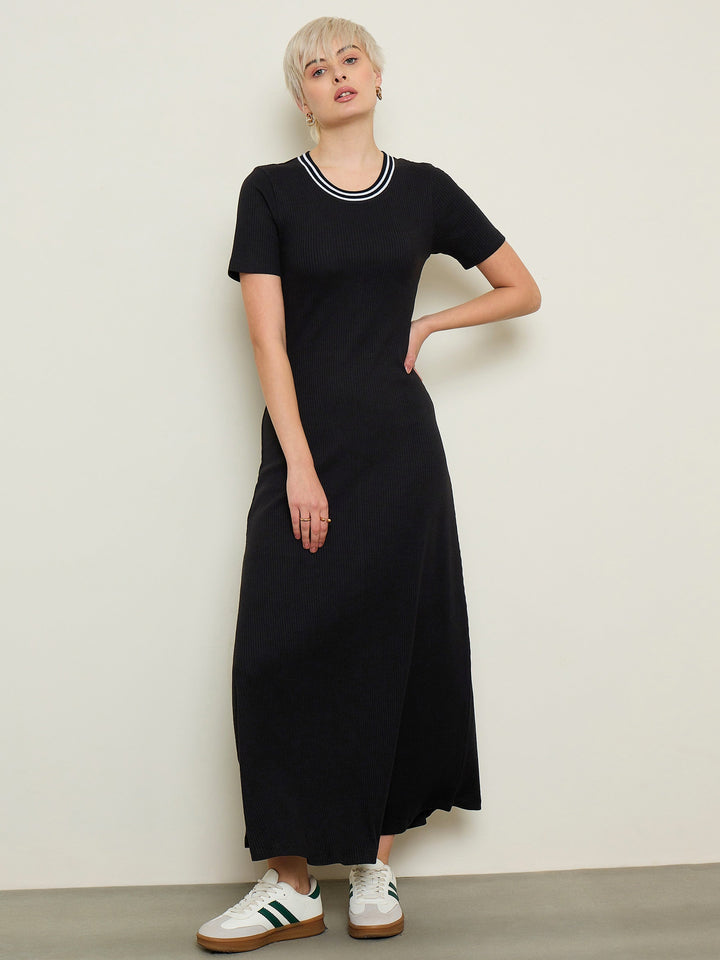 Women Black Short Sleeves Striped-Ribbed Neck Maxi Dress