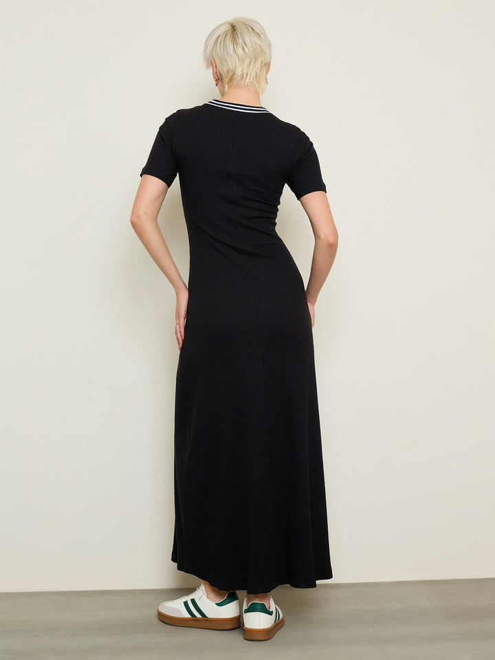 Women Black Short Sleeves Striped-Ribbed Neck Maxi Dress