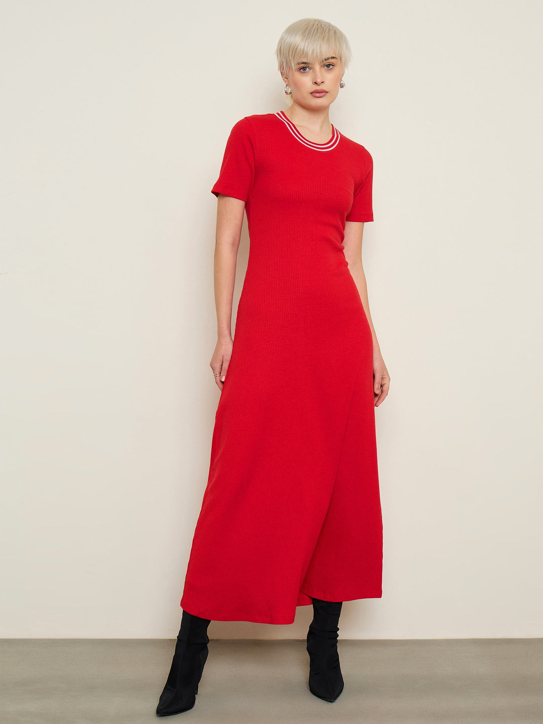 Women Red Short Sleeves Striped-Ribbed Neck Maxi Dress