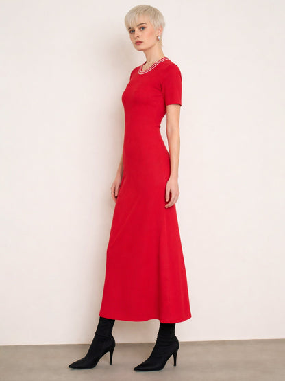 Women Red Short Sleeves Striped-Ribbed Neck Maxi Dress