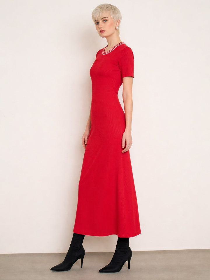 Women Red Short Sleeves Striped-Ribbed Neck Maxi Dress