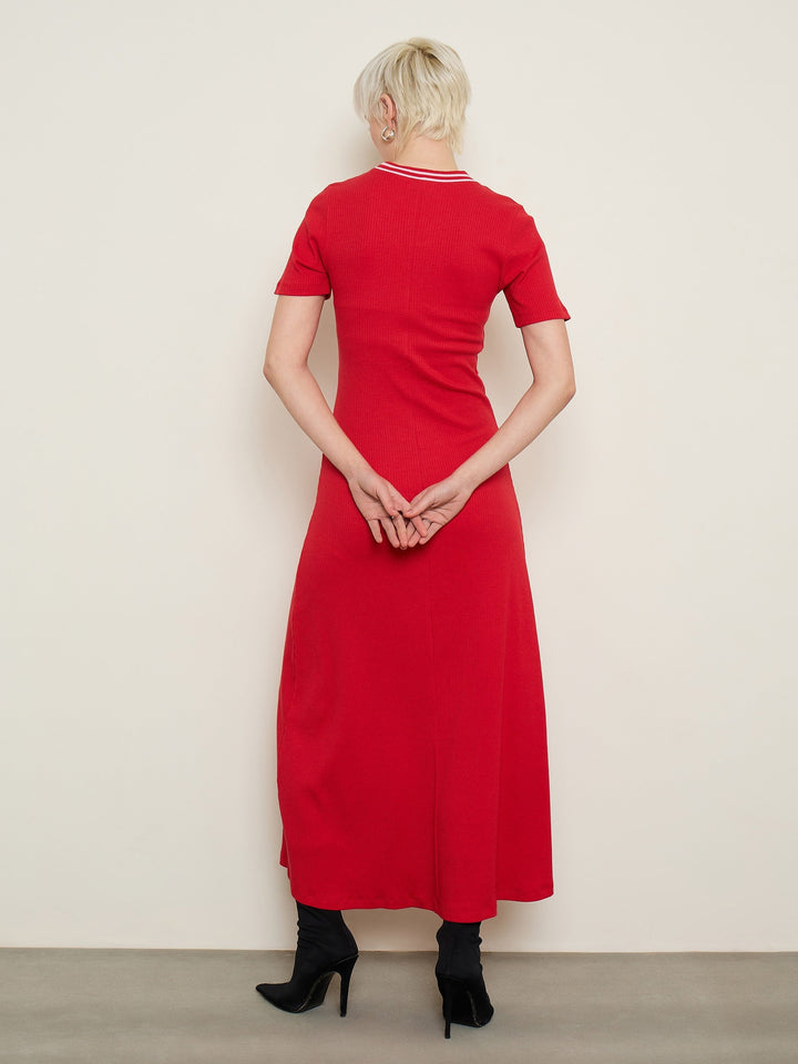 Women Red Short Sleeves Striped-Ribbed Neck Maxi Dress