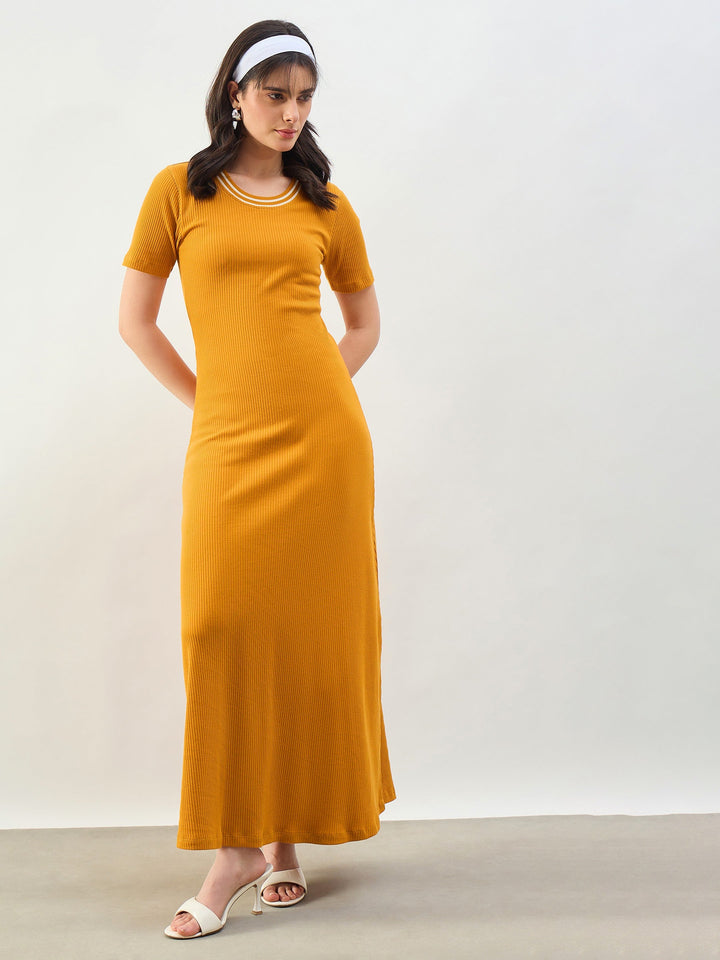 Women Mustard Short Sleeves Striped-Ribbed Neck Maxi Dress