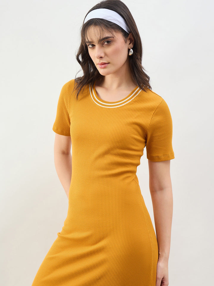Women Mustard Short Sleeves Striped-Ribbed Neck Maxi Dress