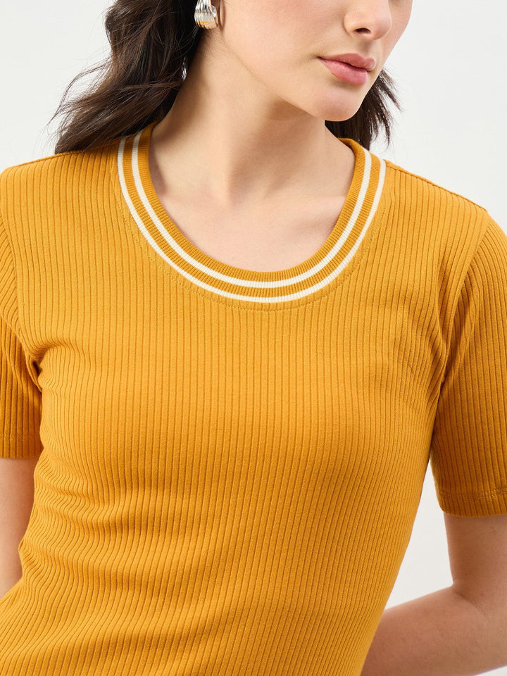 Women Mustard Short Sleeves Striped-Ribbed Neck Maxi Dress