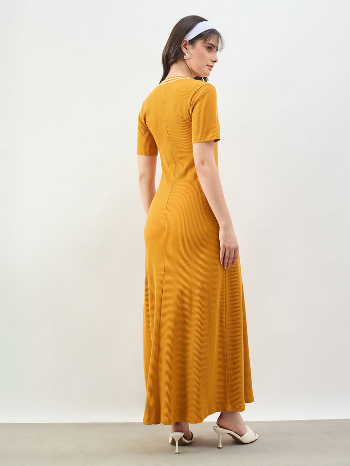 Women Mustard Short Sleeves Striped-Ribbed Neck Maxi Dress