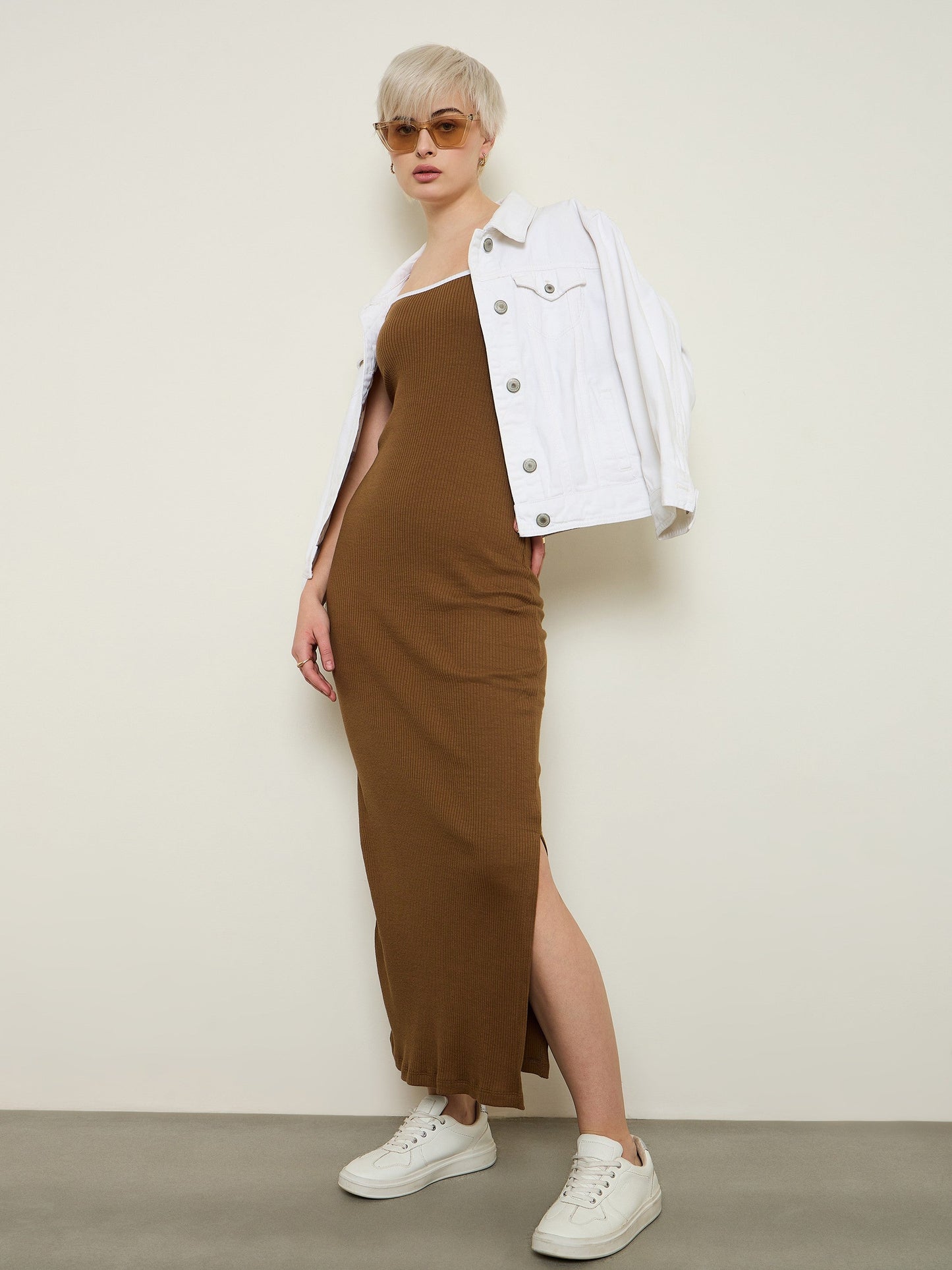 Women Tan Rib Contrast Piping Detail Strappy Maxi Dress