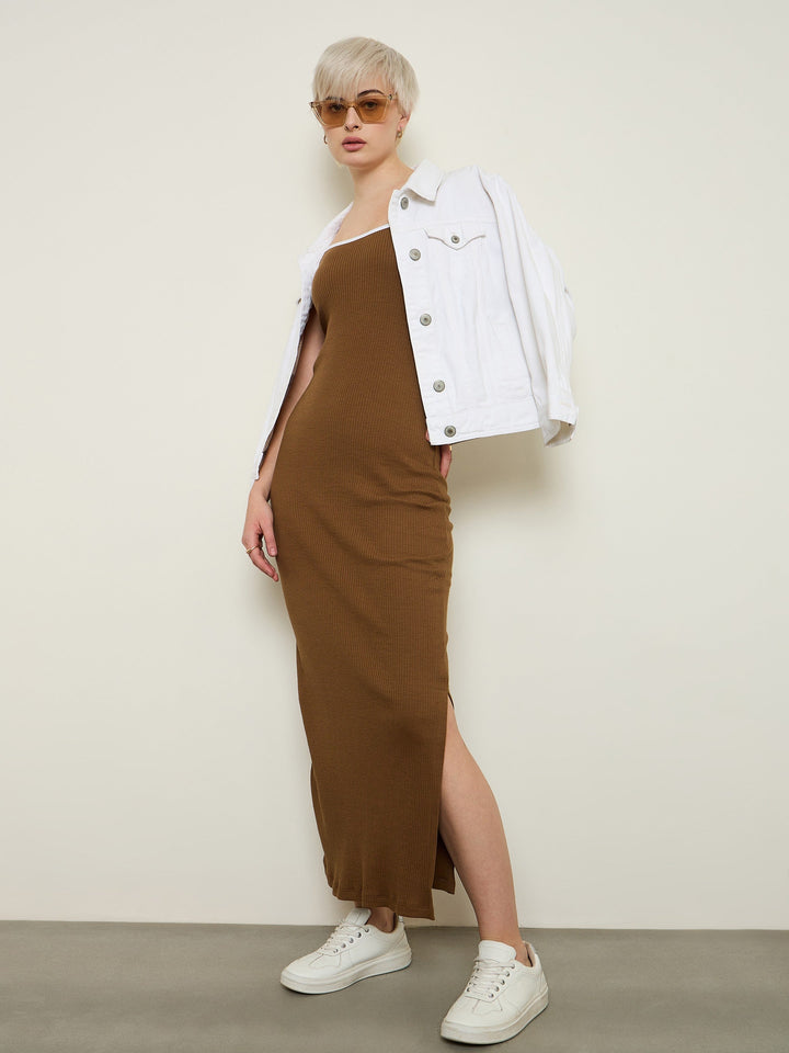 Women Tan Rib Contrast Piping Detail Strappy Maxi Dress